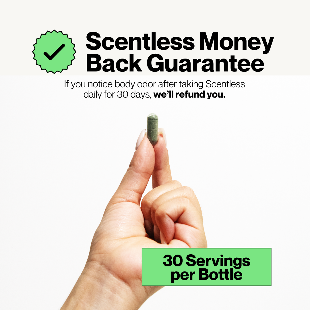 Green bottle of capsules for reducing vaginal odor, with promotional text.